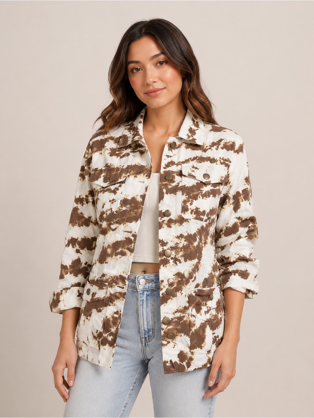 Wearables by XCVI Brown & White Tie-Dye Button Front Shirt Jacket